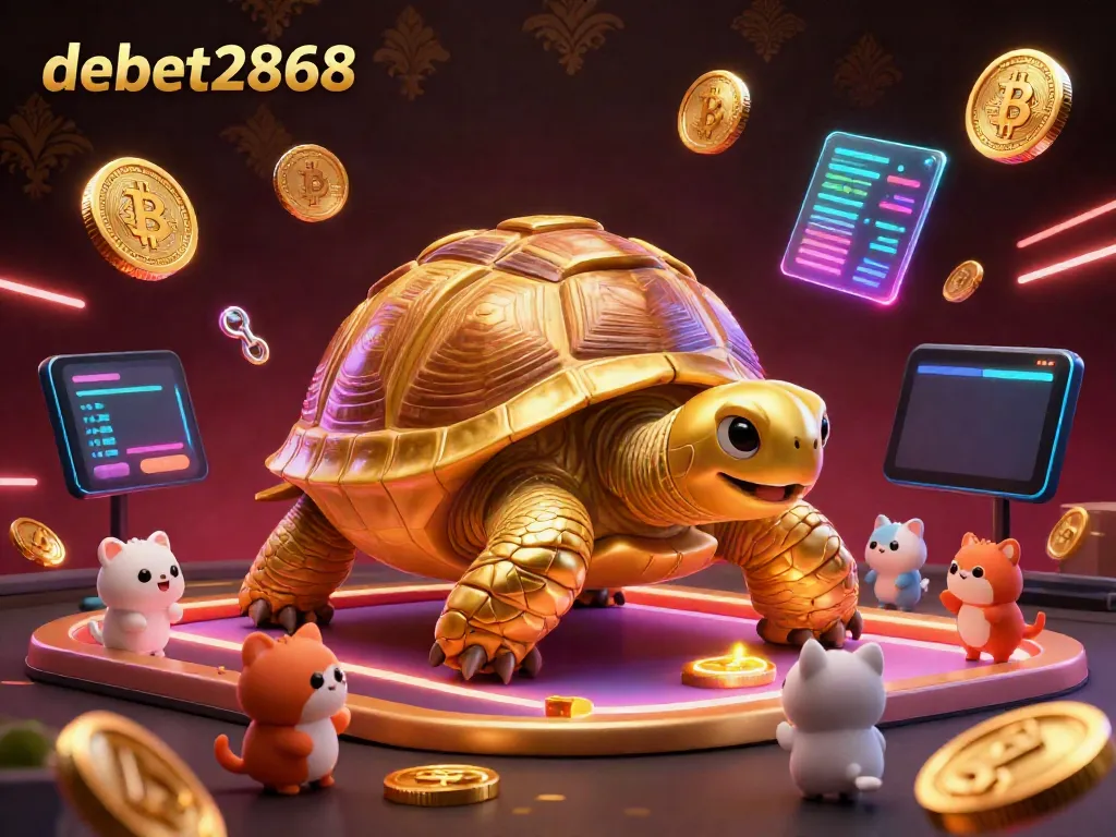 Experience the excitement of debet2868 with a vibrant 3D casino scene featuring a pinball-tortoise and crypto elements.