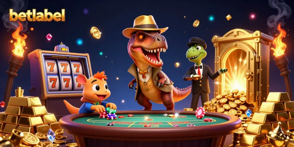 Engage with the thrilling world of betlabel featuring a velociraptor card counter at a casino blackjack table.