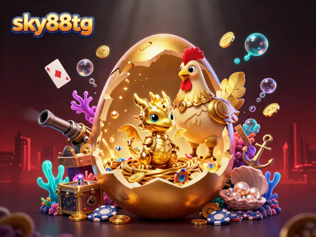 Engage with sky88tg's thrilling games amid a golden dragon and dazzling treasures.