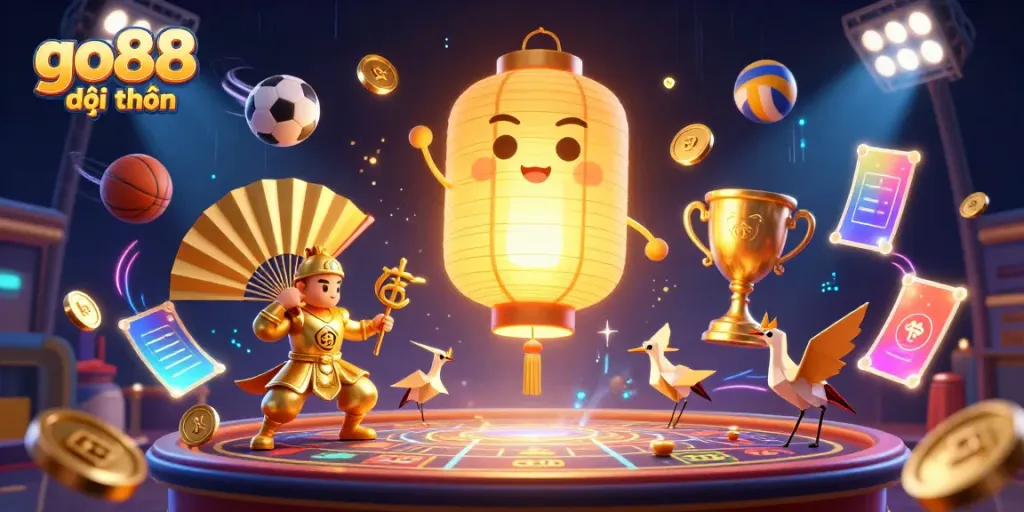 Experience the excitement of go88 đổi thưởng with a vibrant 3D casino scene featuring a glowing lantern spirit and dynamic sports elements.