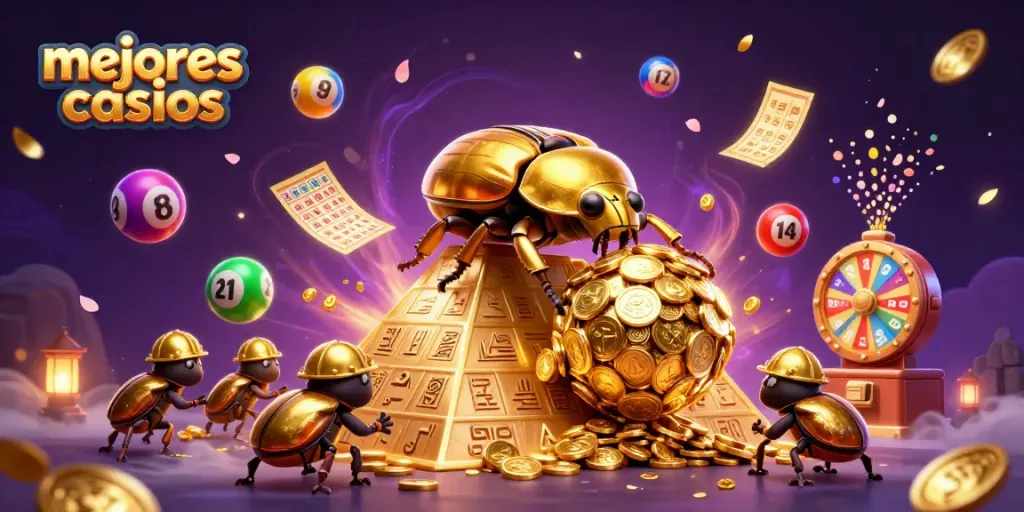 Descubre los mejores casinos con un escarabajo dorado rodando monedas doradas y elementos de juegos de azar.