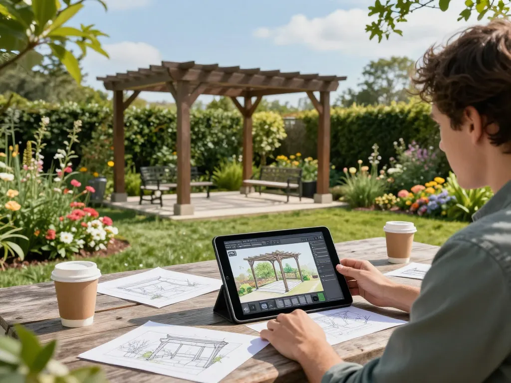Configurador interactivo de pérgolas 3D en un espacio de trabajo de diseño al aire libre, mostrando vegetación exuberante y elementos colaborativos.