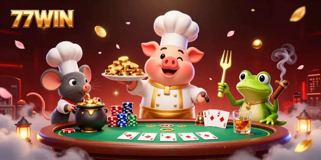 77WIN chef pig serves gold coins at a vibrant casino, showcasing exciting gambling action.