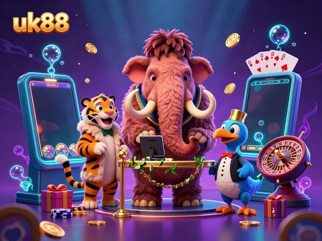 Experience excitement at uk88 with a vibrant 3D casino scene featuring furry bouncers and animated games.