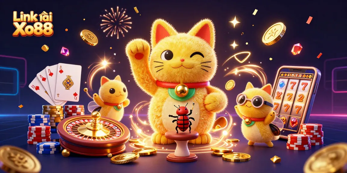 Link vào Xo88 showcases a vibrant casino scene with a lucky cat and dynamic gaming elements.