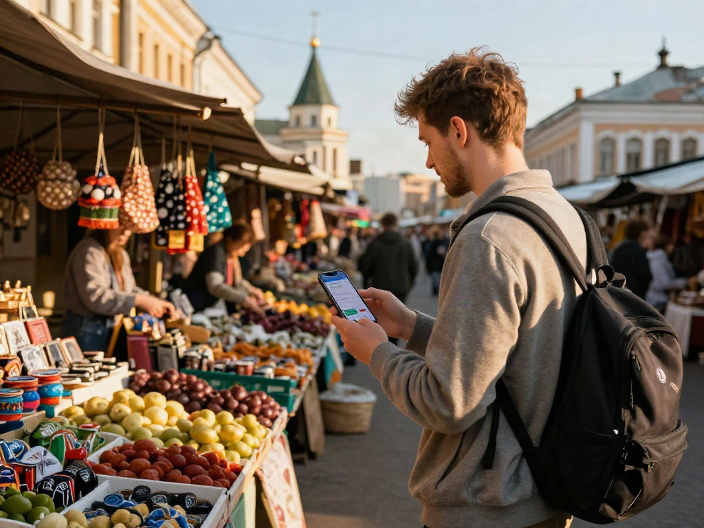 Otorgando pagos fáciles a través de https://payinrussia.com/ en un mercado ruso vibrante con luces cálidas y productos frescos.
