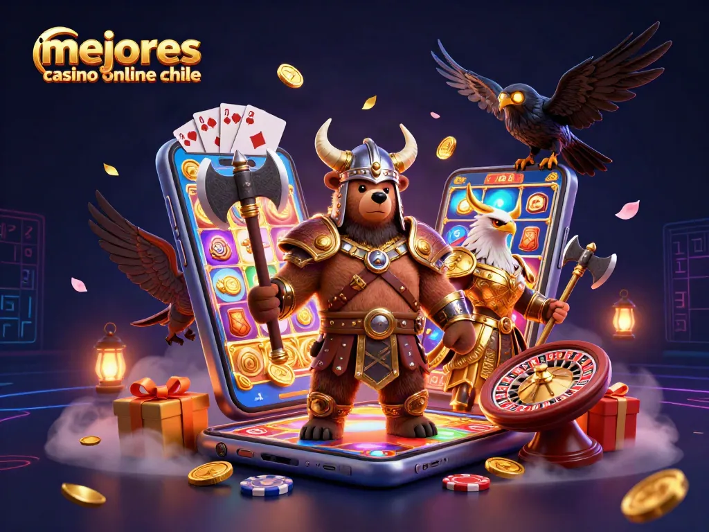 Imágenes de la escena de mejores casinos online en Chile, con un oso vikingo y un águila valquiria en un entorno de juego animado.