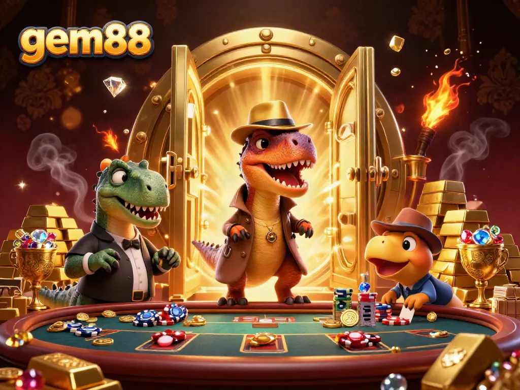 Join the exciting world of gem88 with animated characters enjoying casino games amidst glimmering treasures.