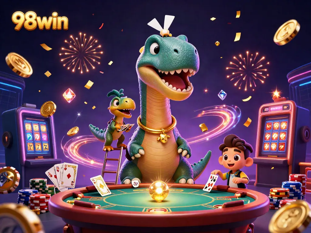 Experience thrilling gameplay at 98win with a colorful 3D casino scene full of lively characters and animated elements.