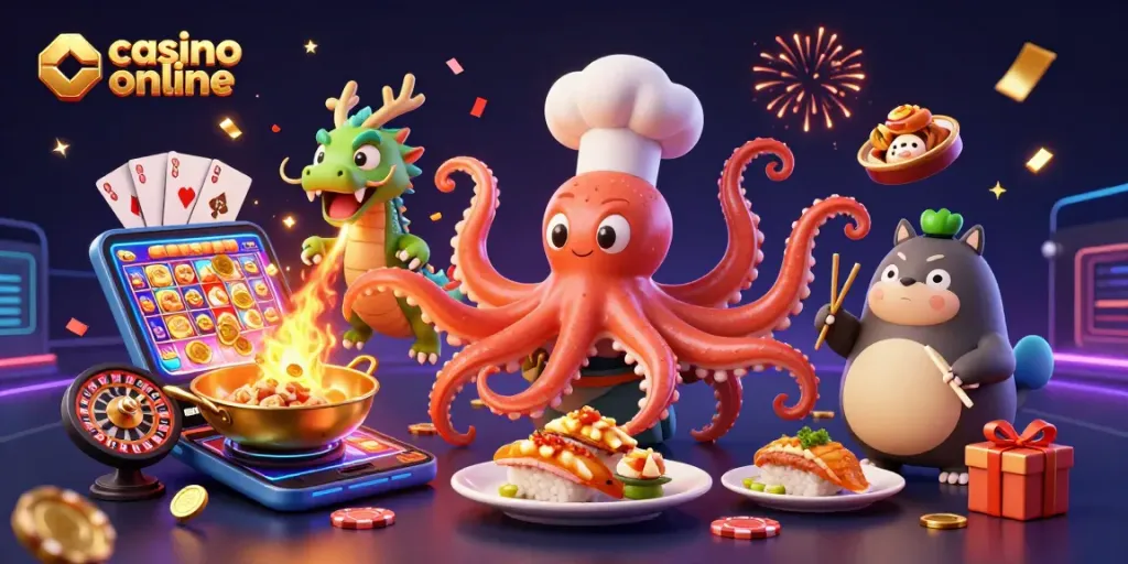 Disfruta la diversión de jugar en casino online con un chef pulpo y dragón en un ambiente festivo.