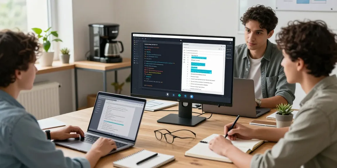 Build internal tools with AI in a collaborative workspace, showcasing developers innovating through remote teamwork.