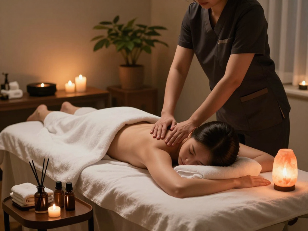 Experience a rejuvenating 남양주출장마사지 in a serene spa environment with candles and calming ambiance.