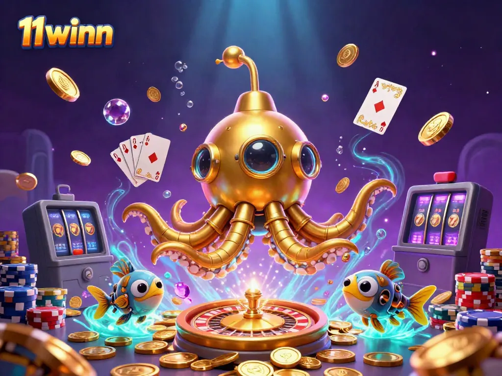 Experience thrilling gameplay at 11winn with golden kraken and mechanical fish amidst a casino-themed sea.