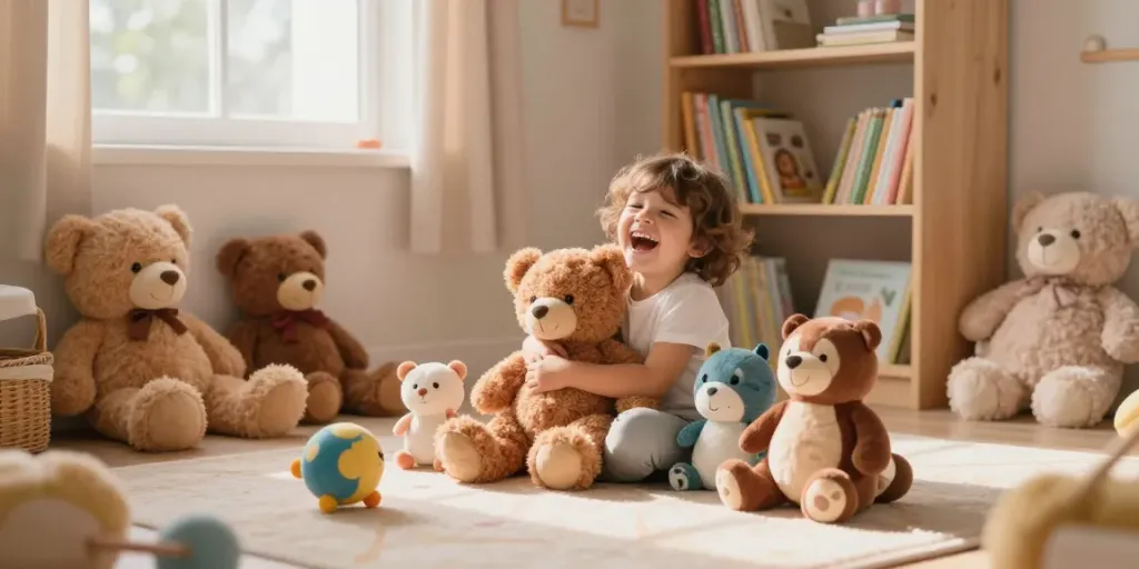 Niño feliz abrazando peluches online en su cálido dormitorio.