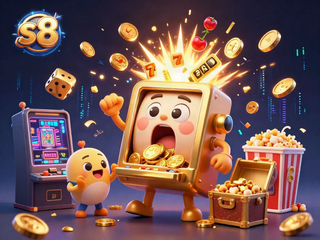 S8 slot machine winning big with coins exploding; an energetic illustration of online gaming excitement.