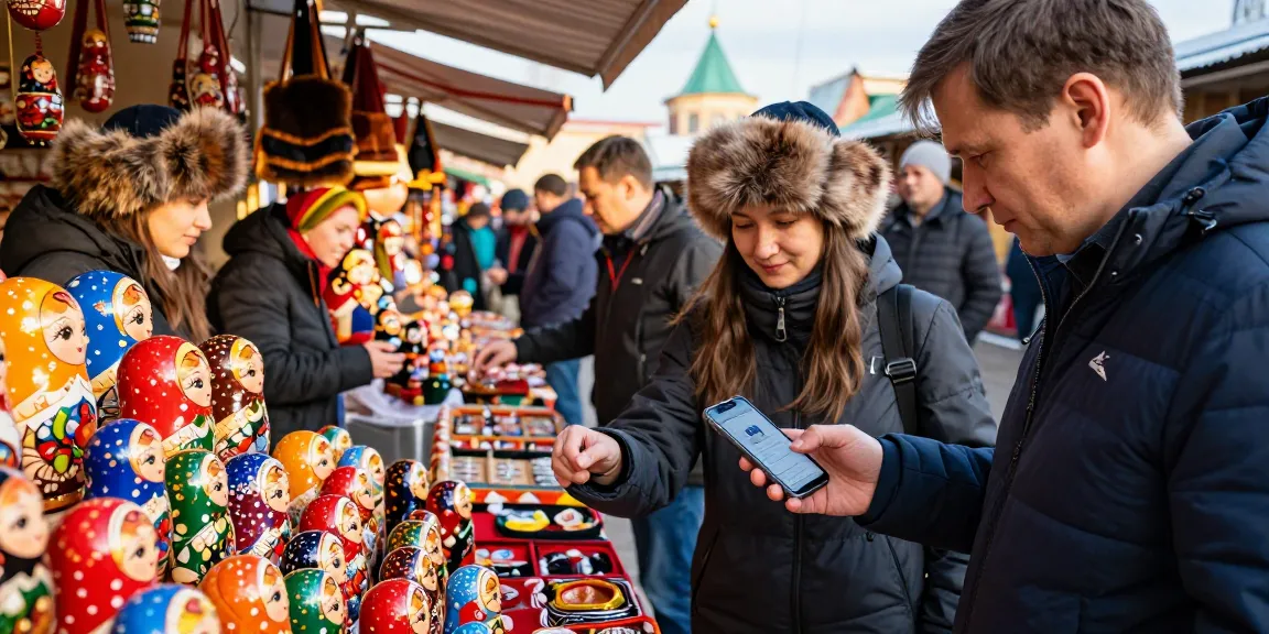 Turista usando https://payinrussia.com/ para pagar en un local ruso lleno de cultura y color.
