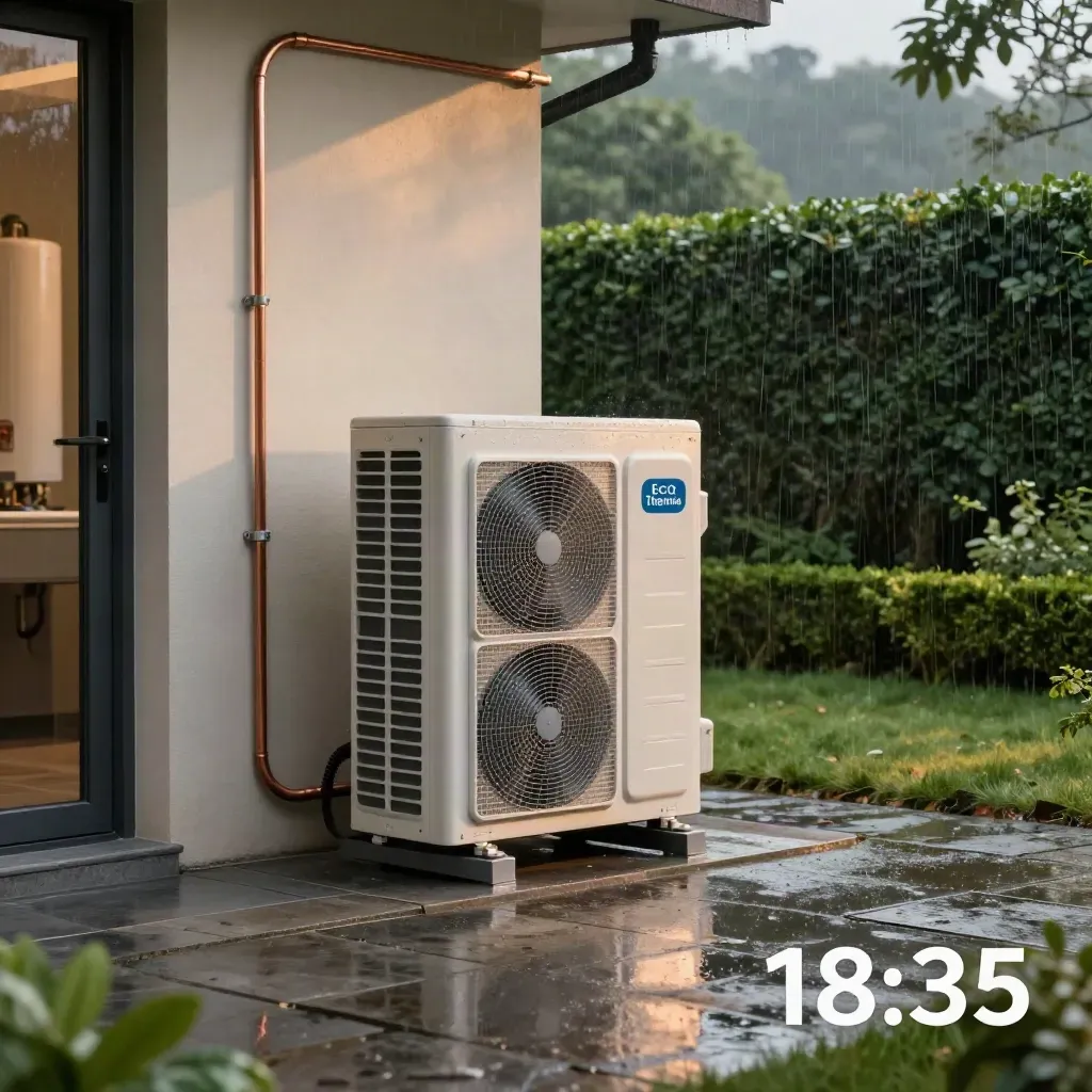 Bomba de calor exterior junto a pared utilitaria, suelo mojado y jardín tras la lluvia.