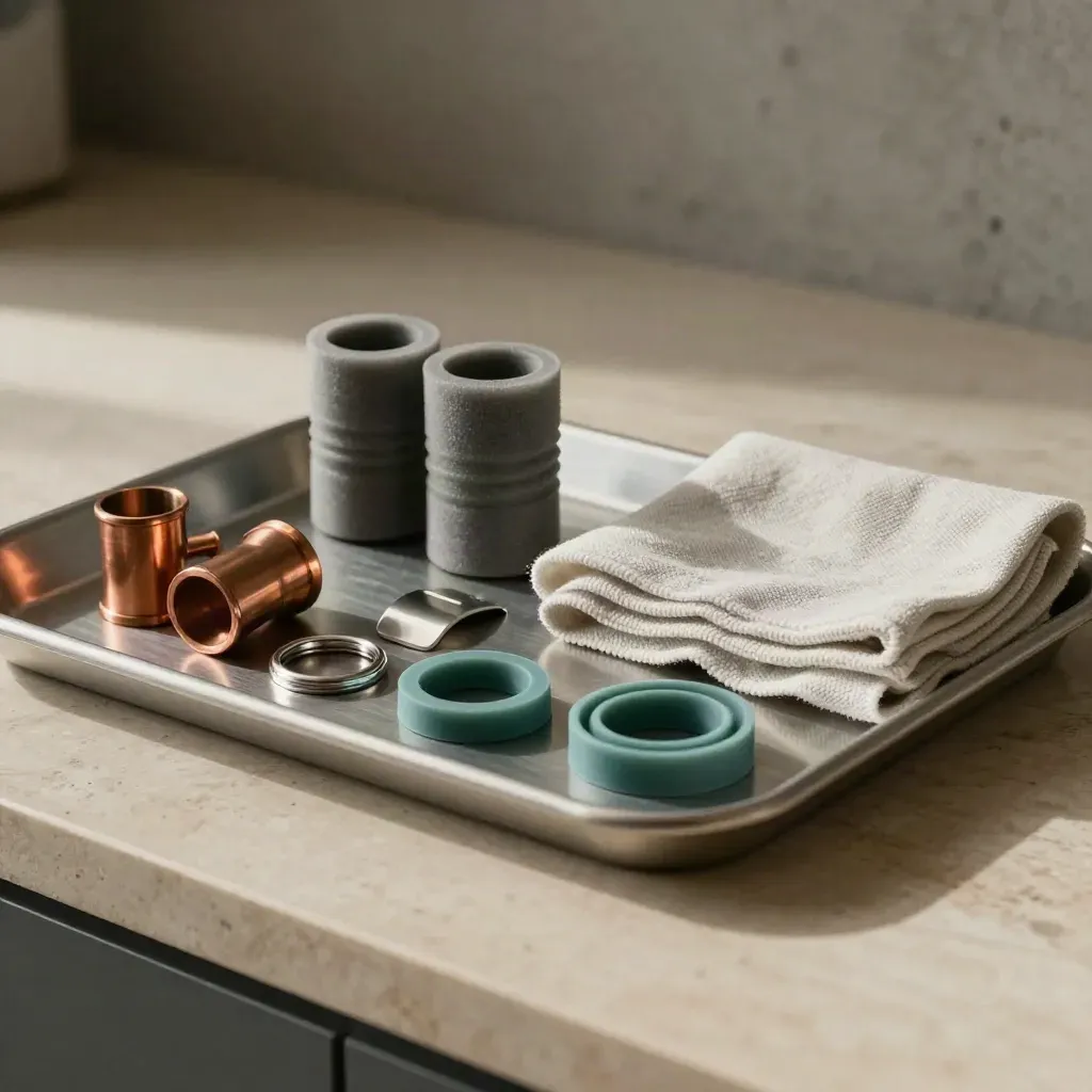 Kit de instalación con codos de cobre, anillos y soporte sobre banco de piedra clara.