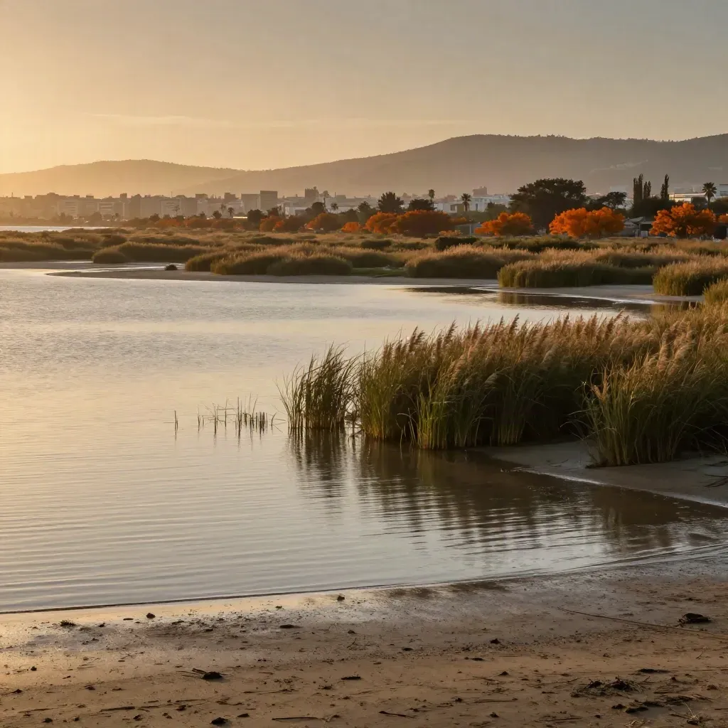 Humedal de Valencia al atardecer con cañas, naranjos y silueta urbana lejana.