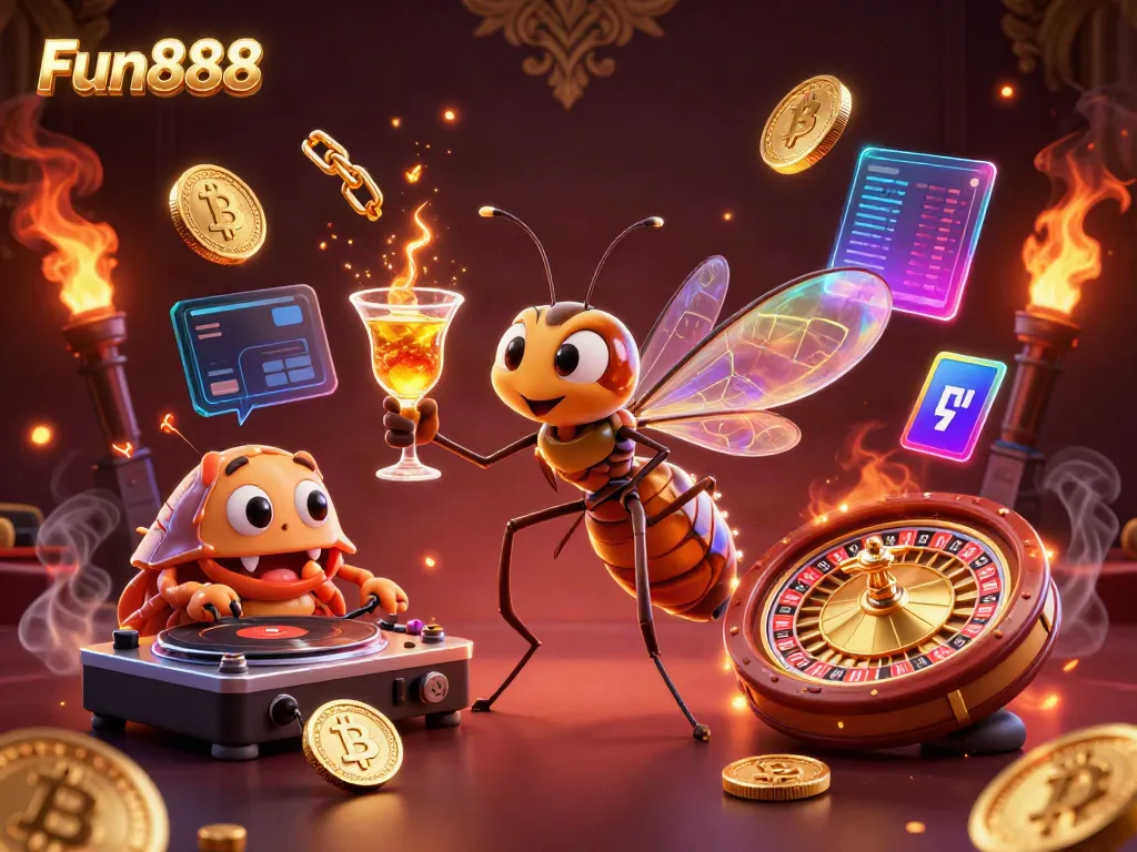 Engage with Fun888's colorful casino scene featuring unique characters and crypto elements.