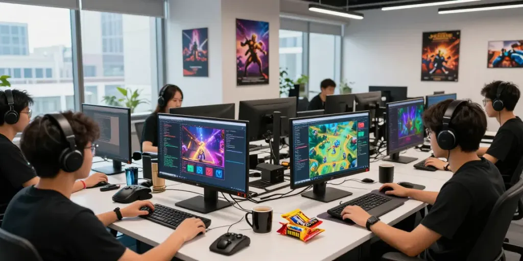 Team of developers working on ggsoft gaming software in a vibrant studio.