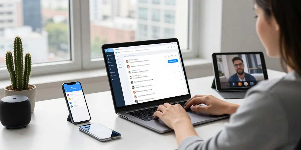 Accessing Telegram Web in a modern workspace with active chats and urban view.