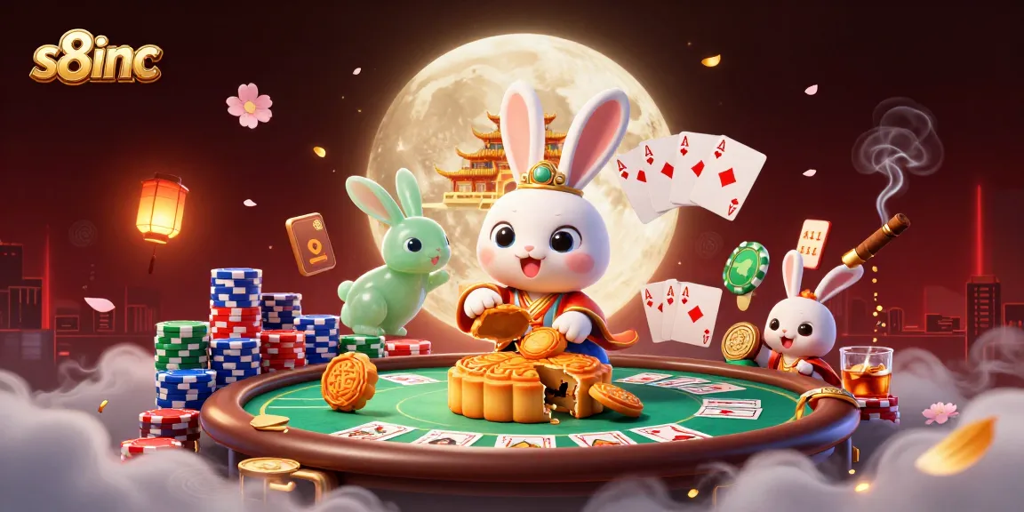 S8inc brings excitement with a moon rabbit pounding golden mooncakes revealing poker chips on lunar soil.