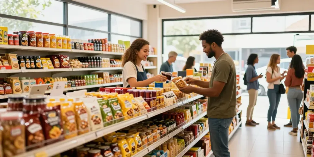 Productos brasileños en una tienda moderna, con atención al cliente.