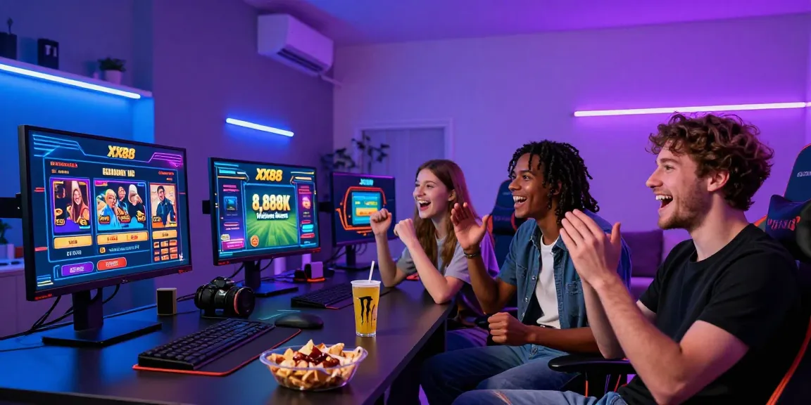 Friends enjoying a lively gaming session at home featuring XX88 logo and games, capturing excitement from https://xx88.se.net/.