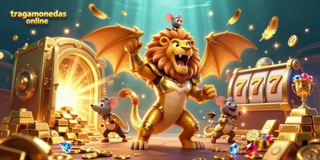 Disfruta de tragamonedas online con una vibrante escena de aventura con oro y tesoros brillantes.