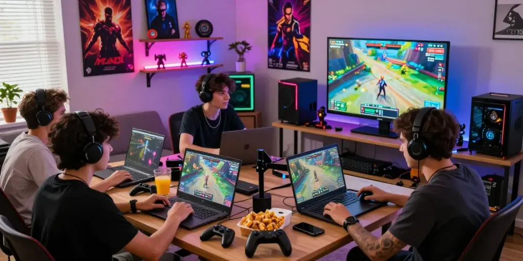Exciting gaming scene with friends enjoying rokok88 gameplay, colorful LED lights, and merchandise.