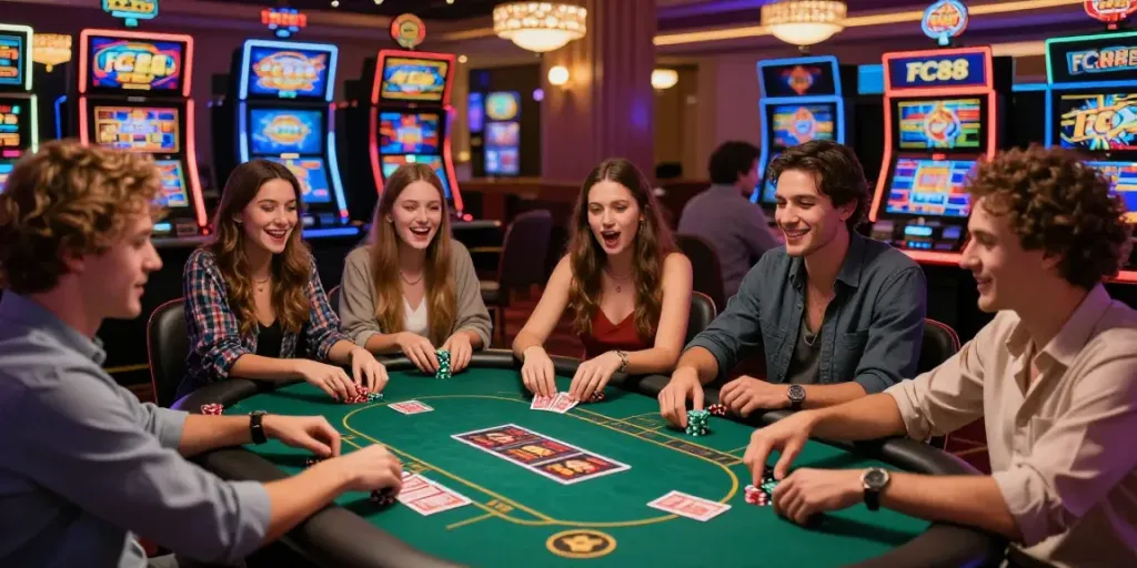 A lively group enjoying games at FC88 online casino, capturing excitement and fun.