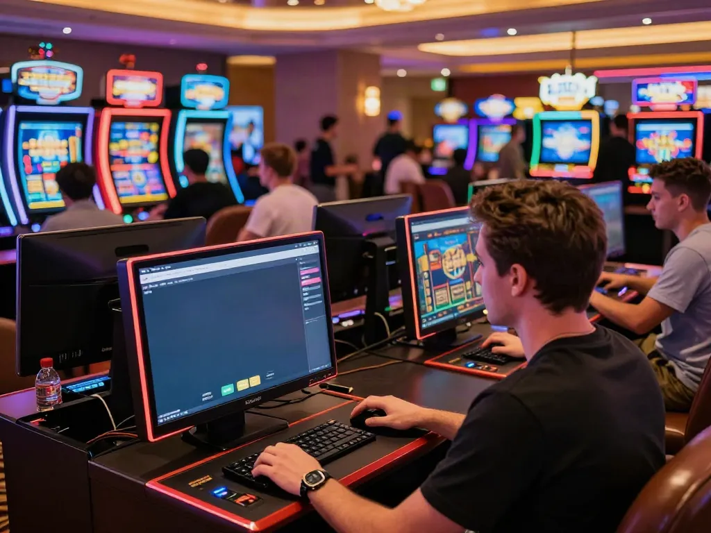 Immersive gaming scene featuring the GEM88 app on a smartphone amid a lively casino environment.