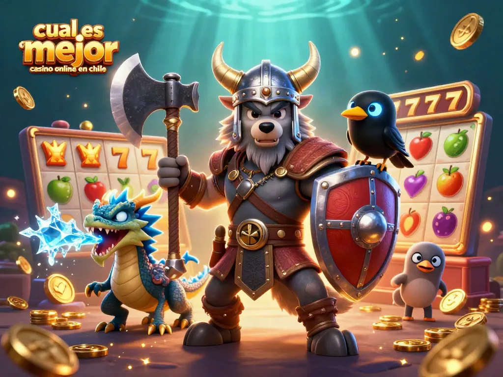 Accede a "cuál es el mejor casino online en Chile" mientras el guerrero lobo y un dragón ilustran el mundo del juego.