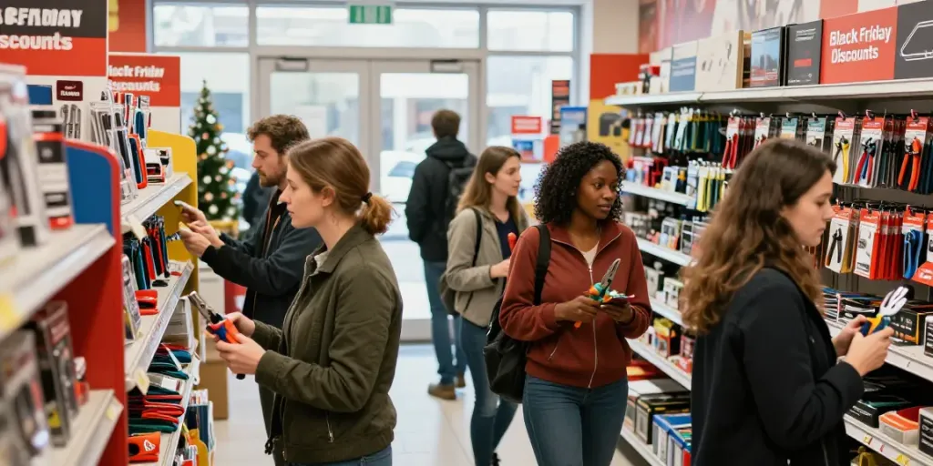 Compradores disfrutando de las ofertas del Black Friday Knipex en una tienda de herramientas.