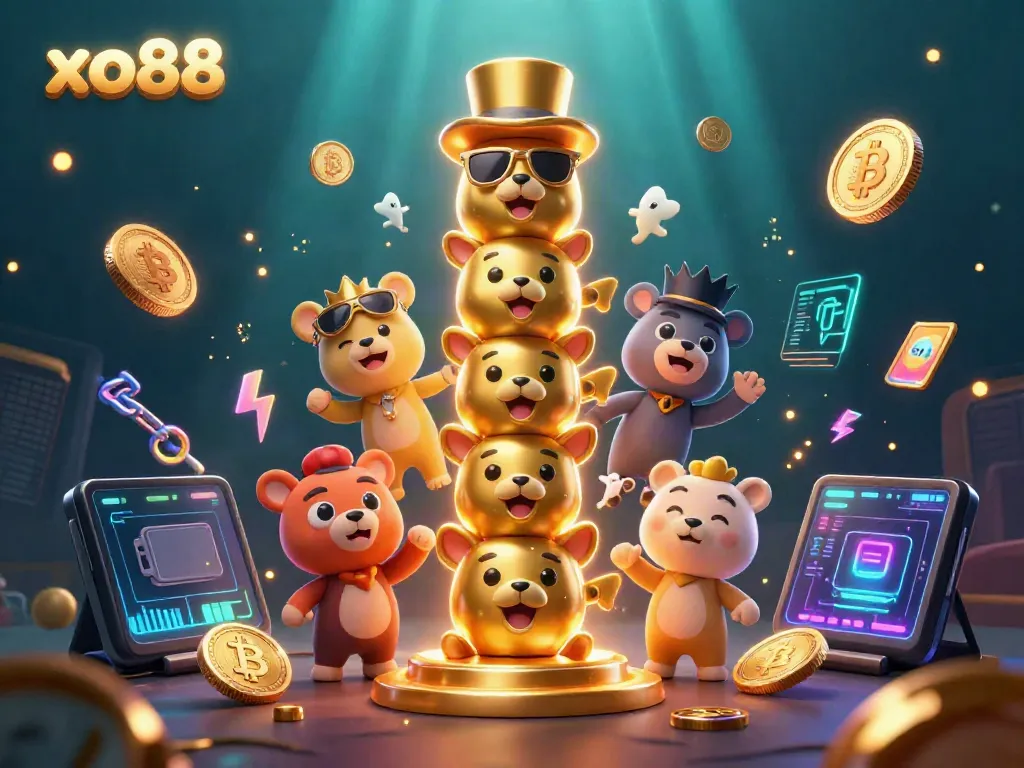 Experience the excitement of xo88 with vibrant 3D casino elements, penguin creature displays, and dynamic gold coins.