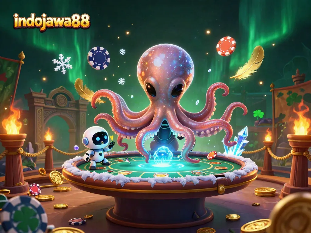 Indojawa88 menampilkan kasino luar angkasa dengan karakter kartun alien octopus dan robot kecil.