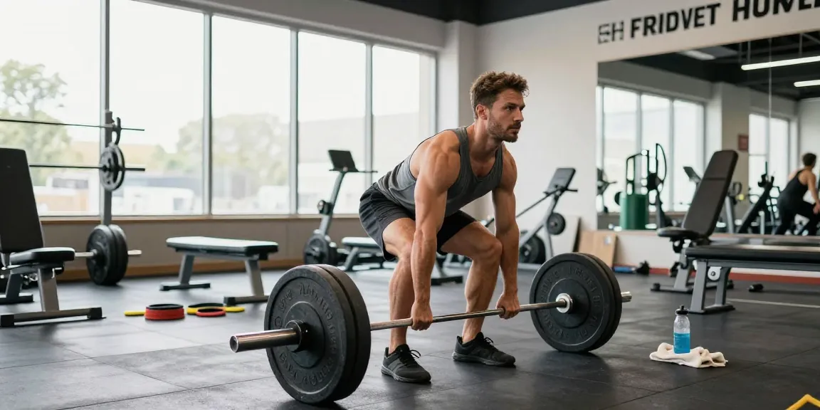 Escena de fitness de Esteroidesshop con un atleta dedicado levantando pesas en un gimnasio moderno.
