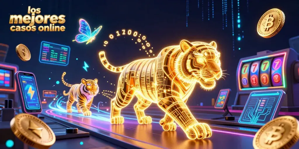Los mejores casinos online en un escenario vibrante de casino digital con un tigre de luz y símbolos de juegos.