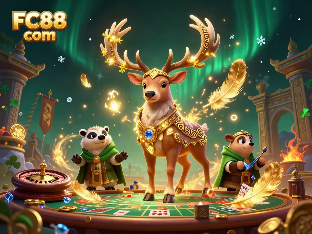 Engage with the dynamic casino environment of FC88 com featuring a Celtic druid stag, wise badger, and vibrant gaming elements.