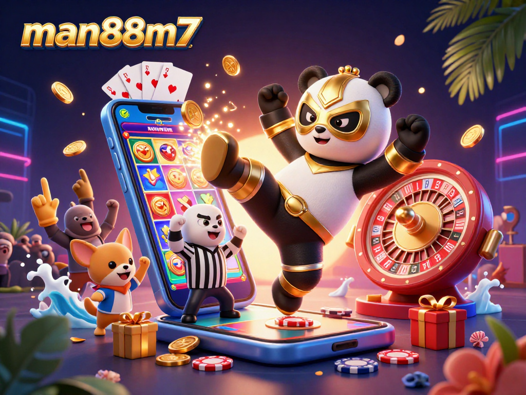 Experience thrilling moments at man88m7 as a panda wrestler kicks with excitement amid a vibrant casino scene.