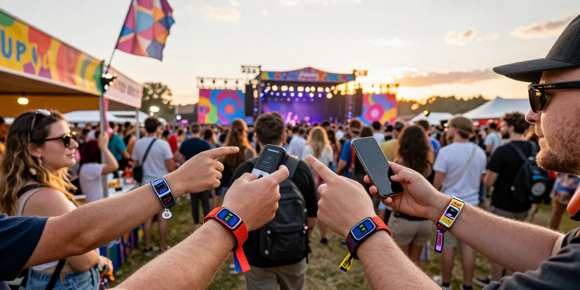 Attendees at a vibrant festival using pulseras de tela con chip personalizadas for cashless payments and access control