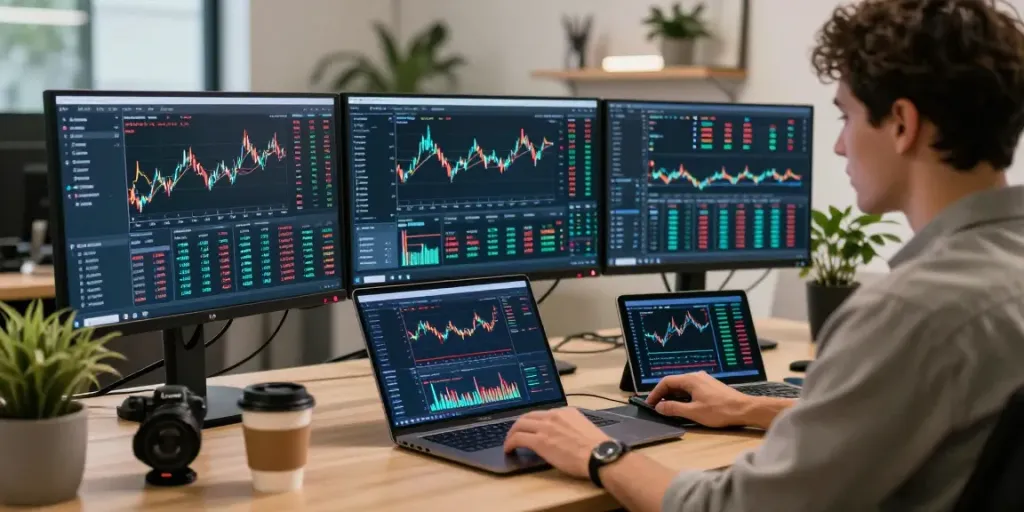Visual de Phuwerte Inwersowia mostrando un entorno de trading automatizado con gráficos de criptomonedas y un ambiente de oficina moderno.