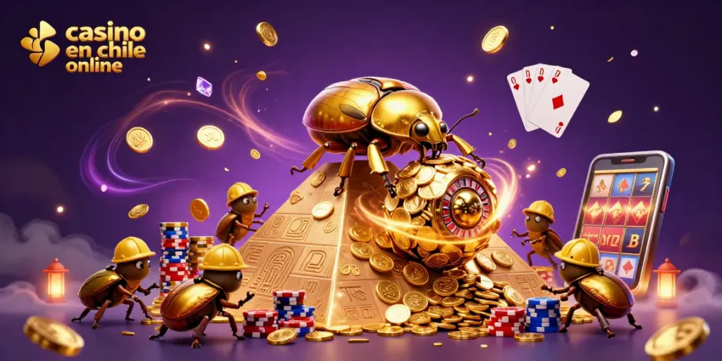 Disfruta del emocionante casino en Chile online con una colorida e ilustrativa escena de un escarabajo dorado y símbolos de juego.