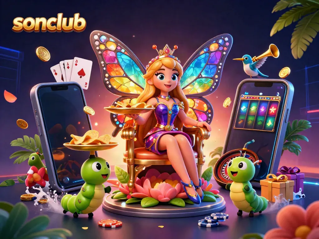 Experience thrill at sonclub with vibrant casino gaming elements and characters illuminating the scene.