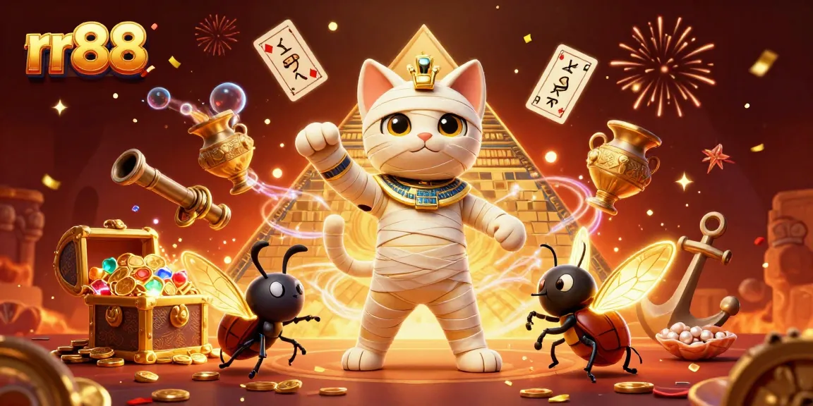 Experience exciting gaming at rr88 with a mummy cat and golden treasures in a vibrant casino.