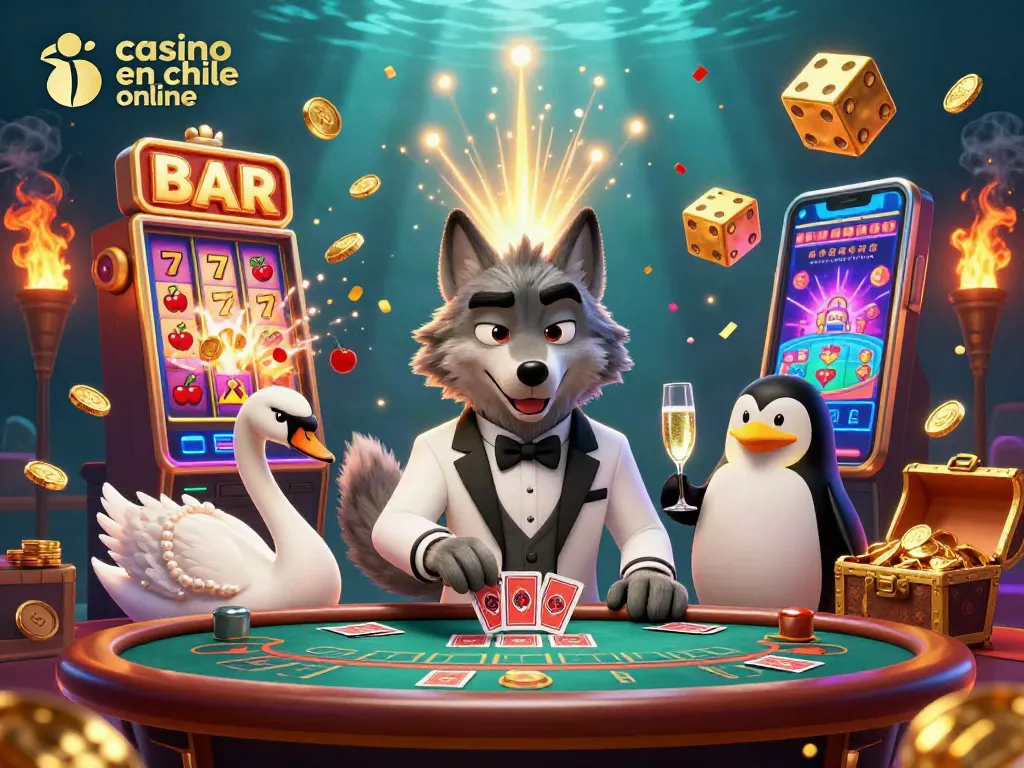 Disfruta de casino en Chile online con un lobo elegante jugando a baccarat y un fondo lleno de premios.