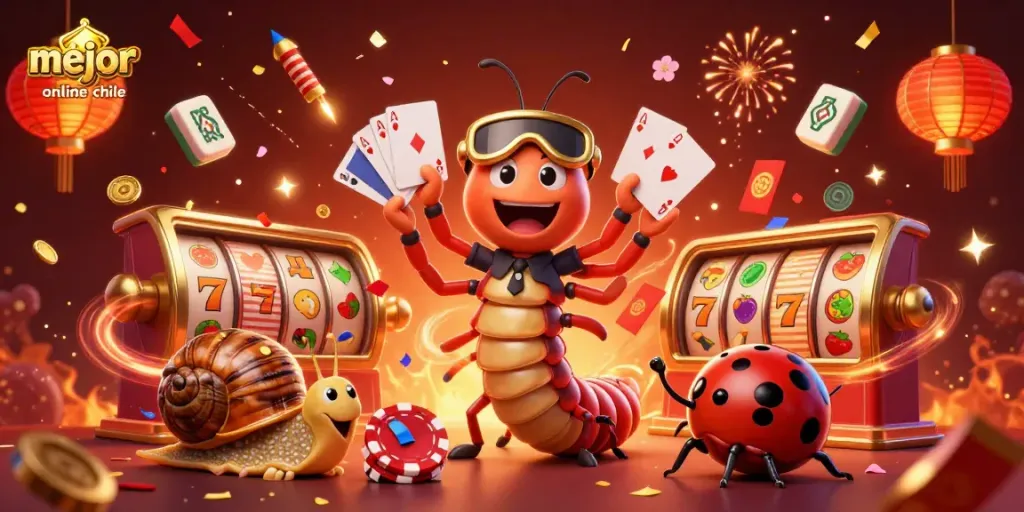Un emocionante escenario de casino mostrando el mejor casino online Chile. Jugadores y símbolos girando y celebrando.