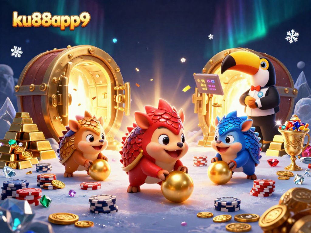ku88app9 pangolins compete in a vibrant casino game scene, showcasing playful rivalry and excitement