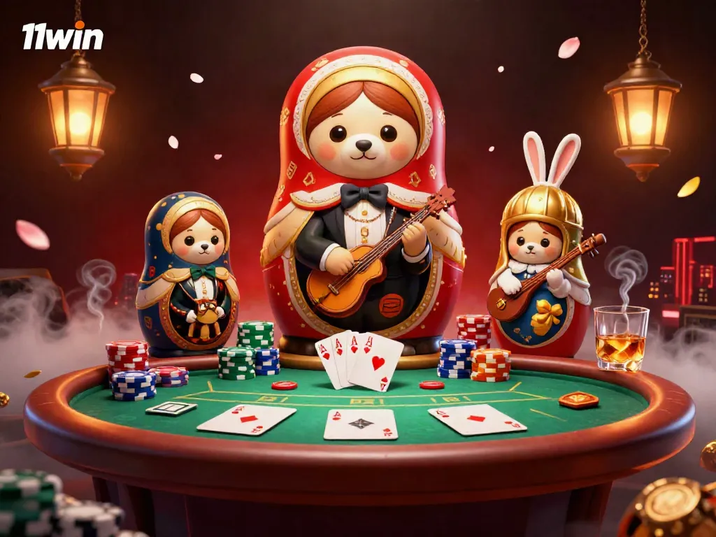 Experience the thrilling essence of 11win with vibrant poker action and playful characters amidst a rich casino atmosphere.